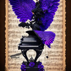 Gothic-themed artwork with person on purple grand piano surrounded by flowers and butterflies