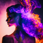 Silhouette of Woman with Purple and Orange Flames Swirling