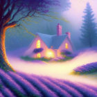 Mystical landscape with large tree, purple flowers, soft fog, warm glow