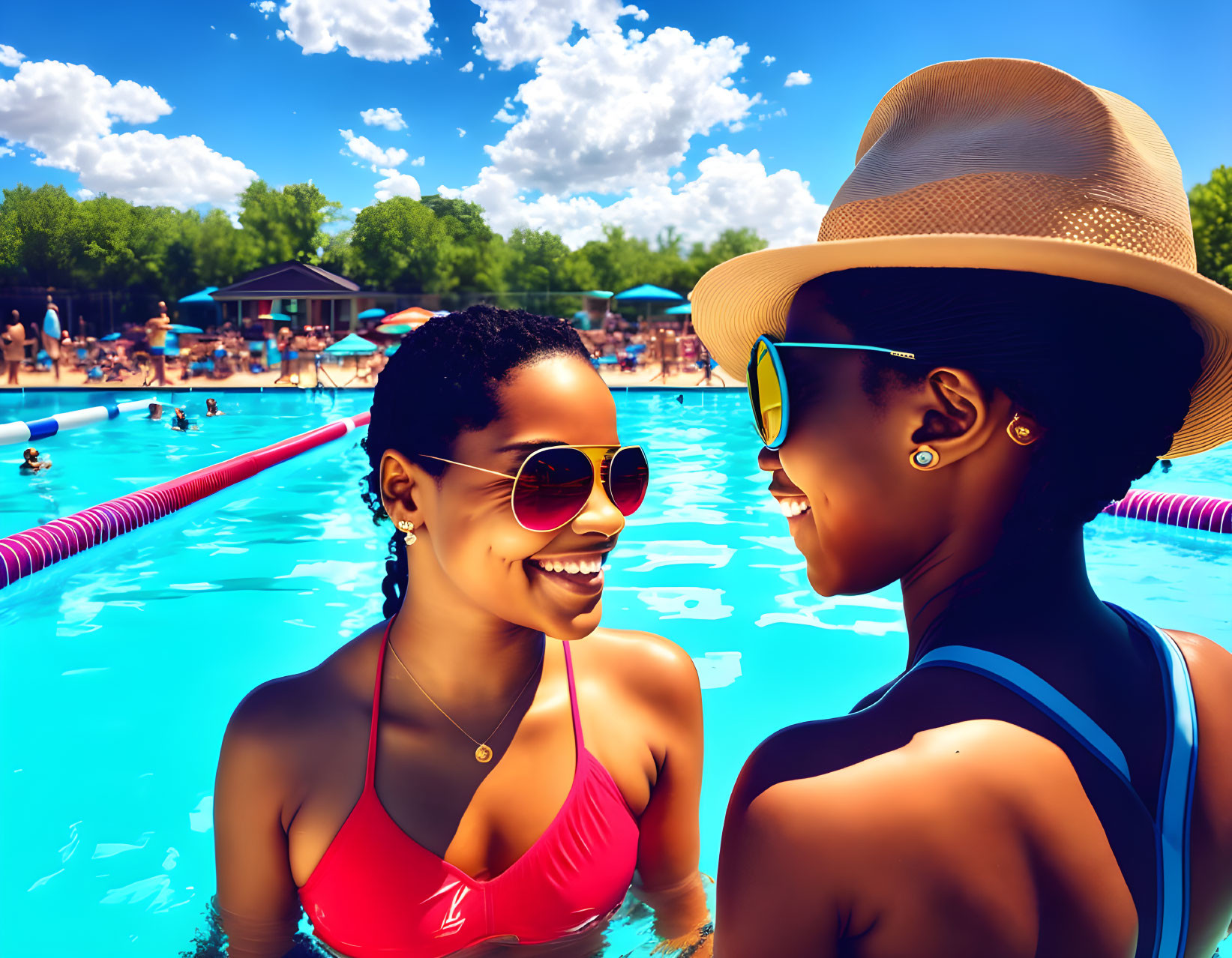 Two women in sunglasses and summer hats smiling by a vibrant pool