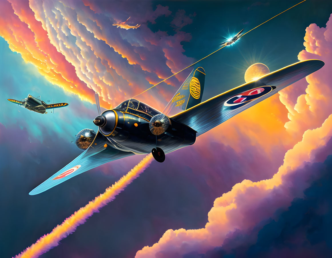 Vintage fighter planes in formation under dramatic orange and blue sky.