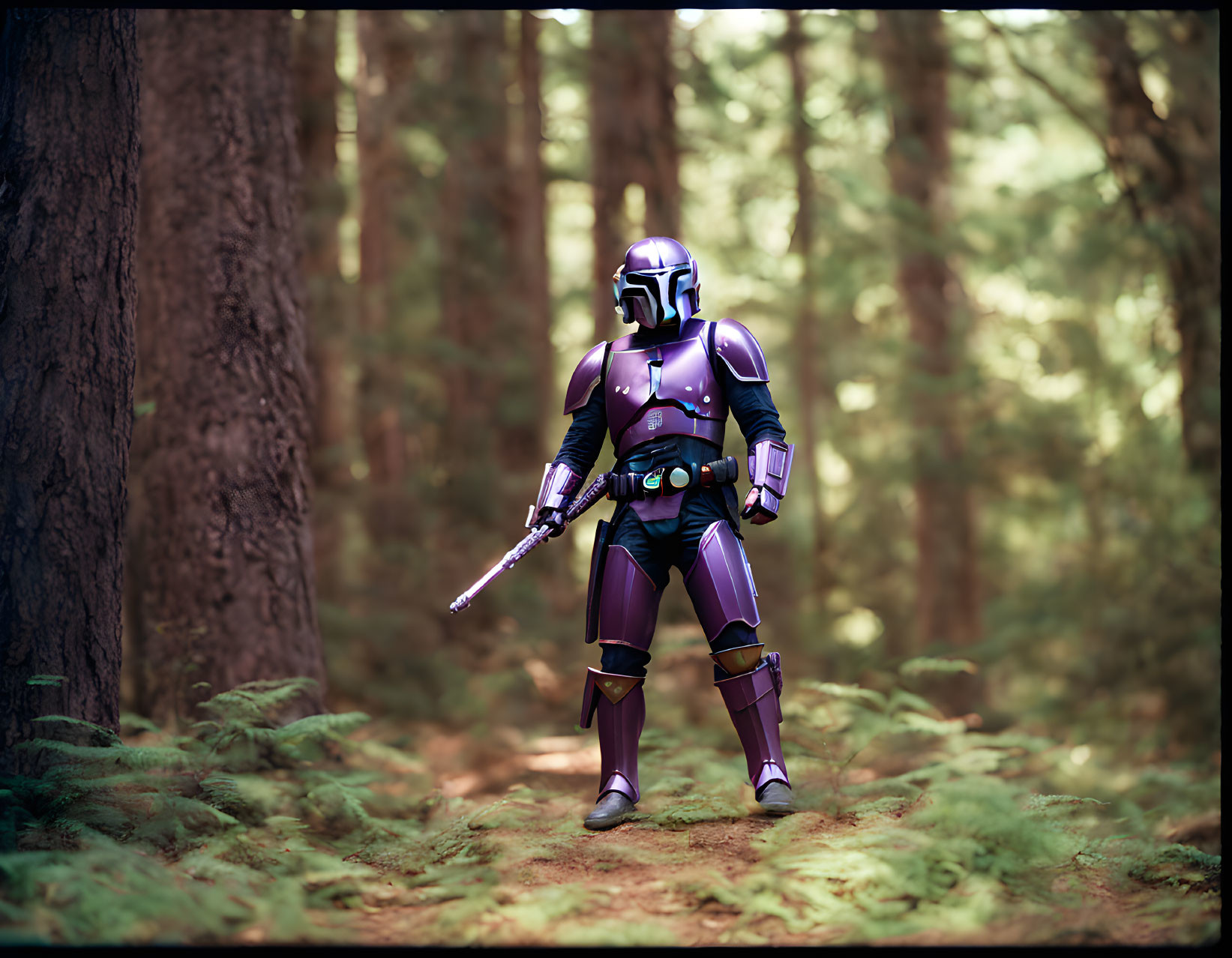 Person in Mandalorian costume with rifle in forest setting