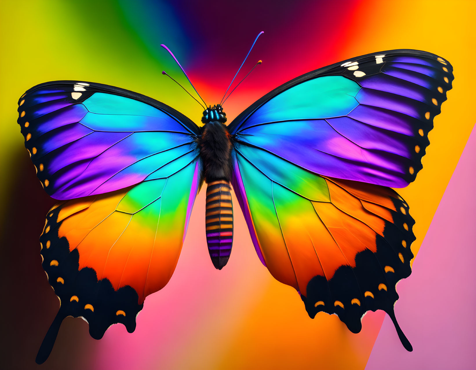 Colorful Butterfly with Blue and Orange Wings on Rainbow Background