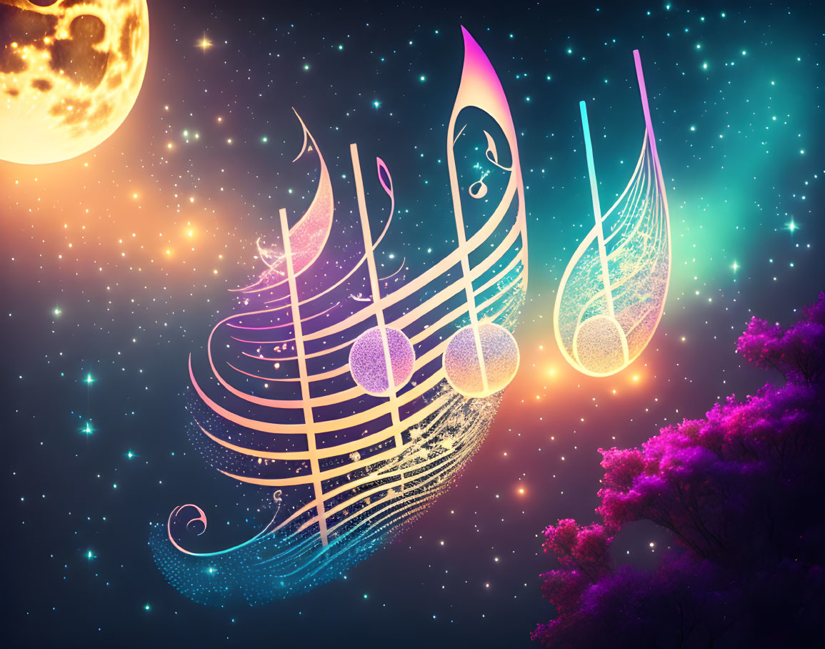 Vibrant musical notes and staff lines in night sky with moon and tree.