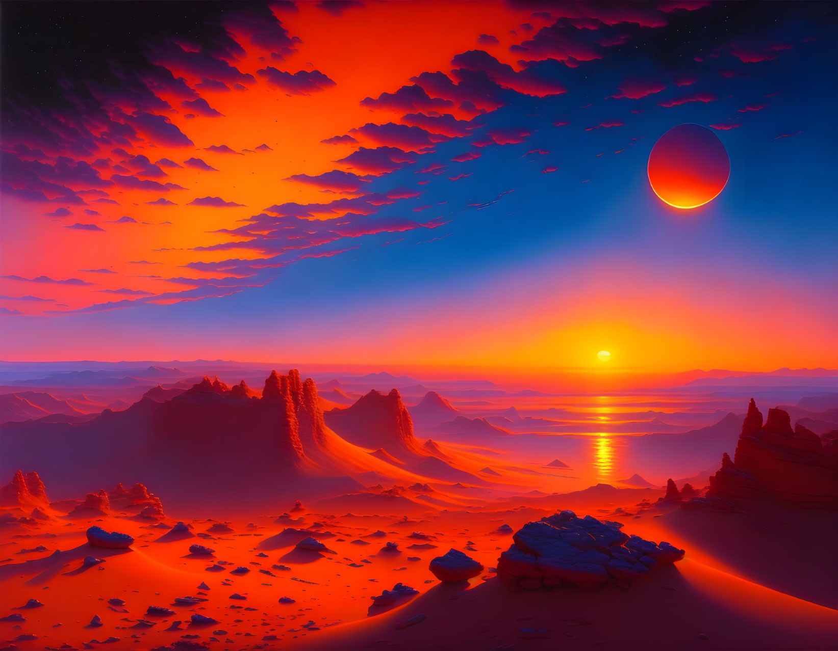 Futuristic sci-fi desert landscape with ocean, rock formations, and dual suns