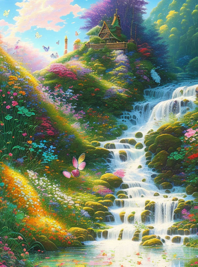 Scenic landscape with waterfall, greenery, flowers, house, butterflies