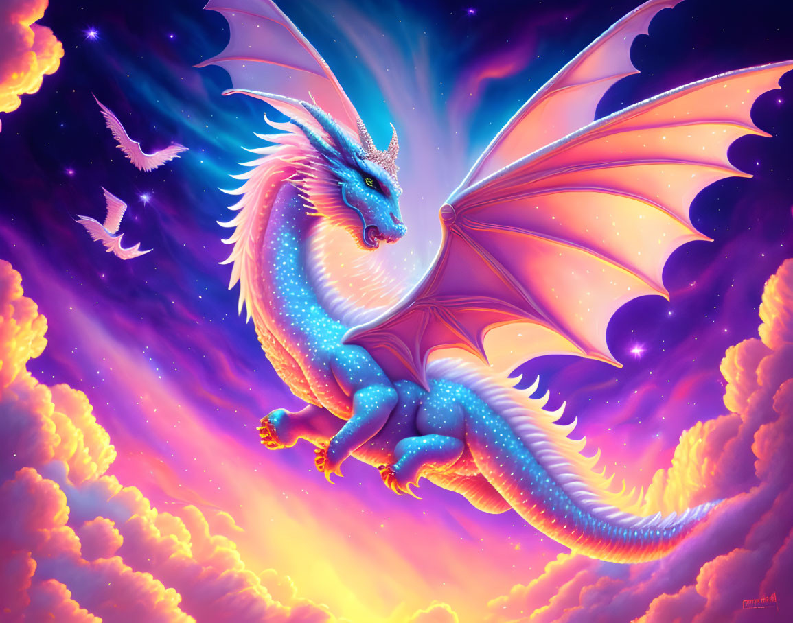 Blue dragon flying through vibrant sky with birds