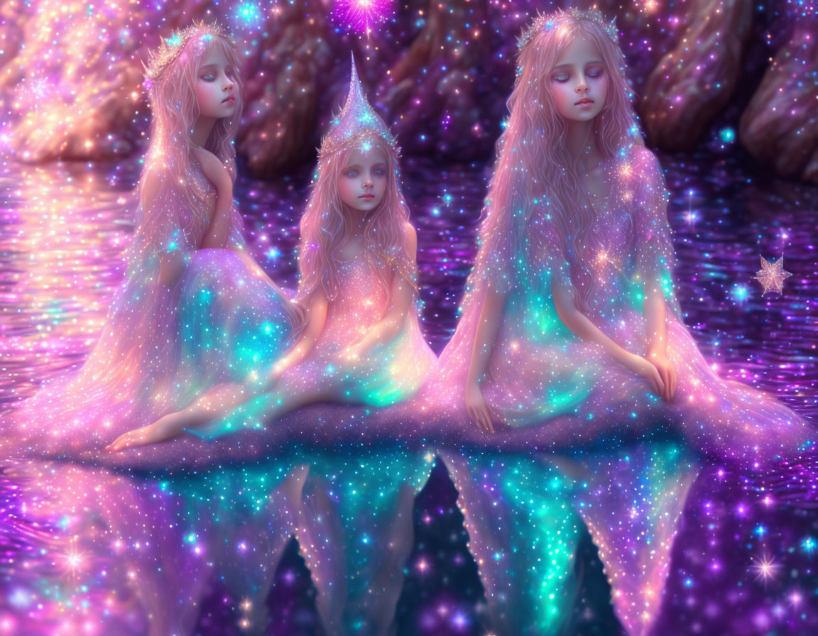 Ethereal celestial figures in sparkling cosmic setting