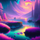 Vibrant pink and purple landscape with lake, trees, starry sky, large moon