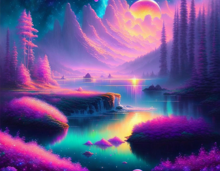 Vibrant pink and purple landscape with lake, trees, starry sky, large moon