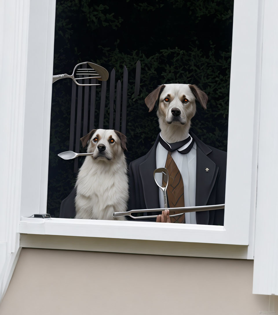 Two dogs in suit and tie with kitchen utensils in mouth by window