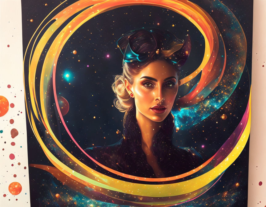 Mystical woman in cosmic setting with golden rings and stars