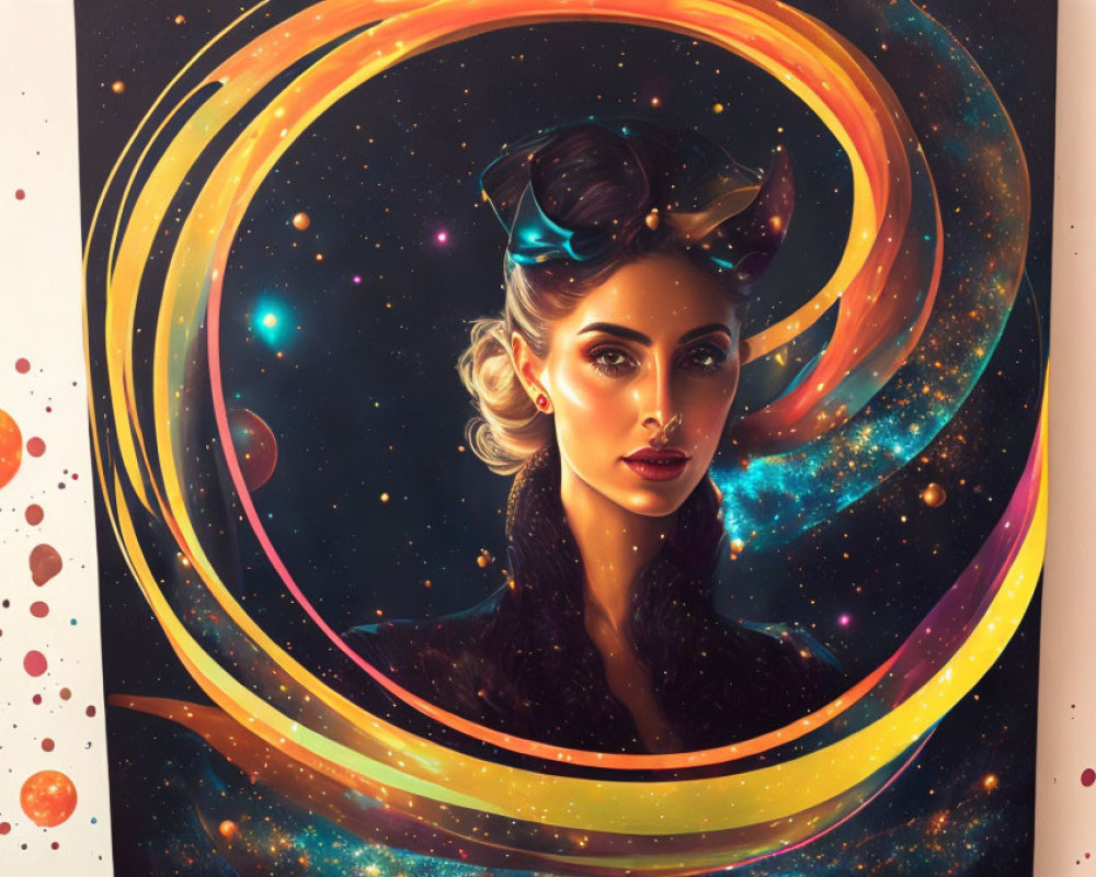 Mystical woman in cosmic setting with golden rings and stars