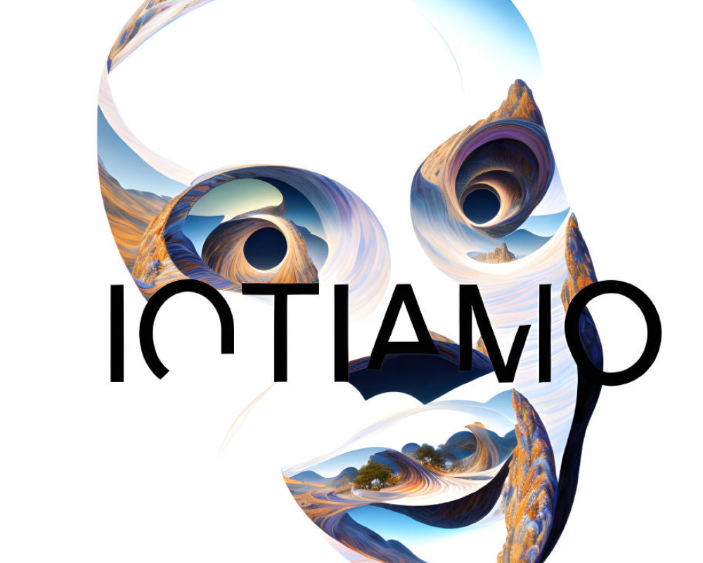 Swirling landscape patterns in digital art with bold "INFINITO" text