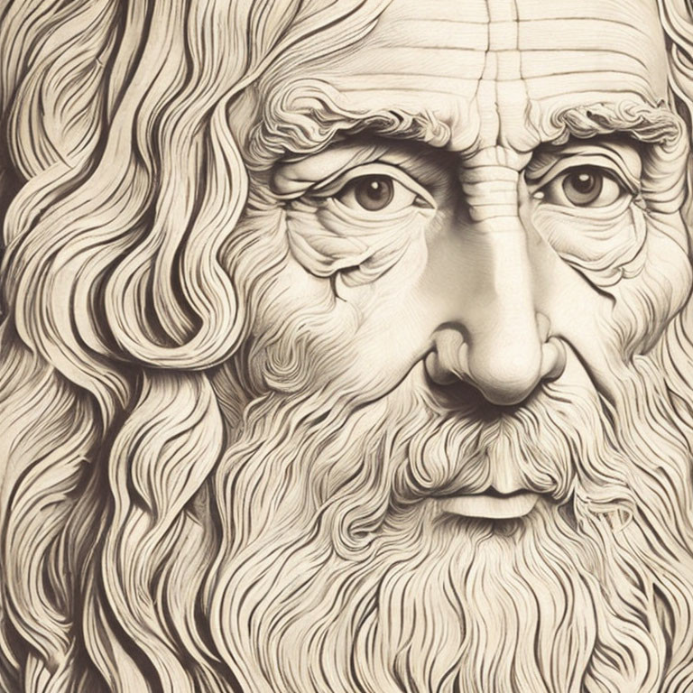 Detailed sepia-toned illustration of a man with wavy beard and deep-set eyes