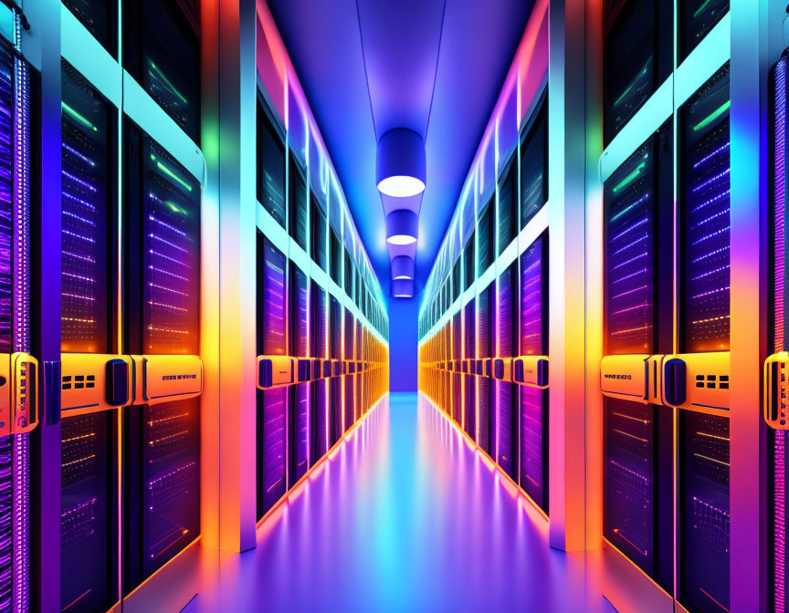 Neon-lit data center with rows of server racks