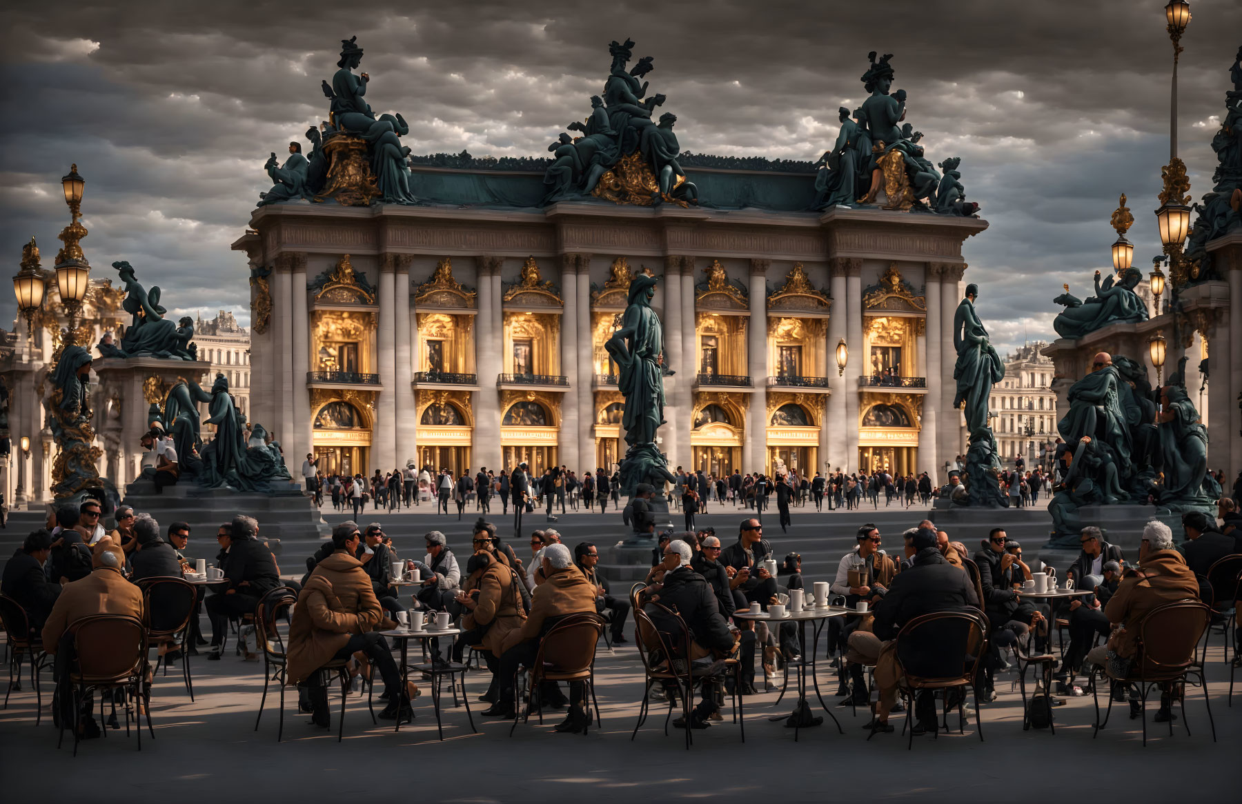 Outdoor Cafe Patrons View Grand Building with Statues and Dramatic Sky