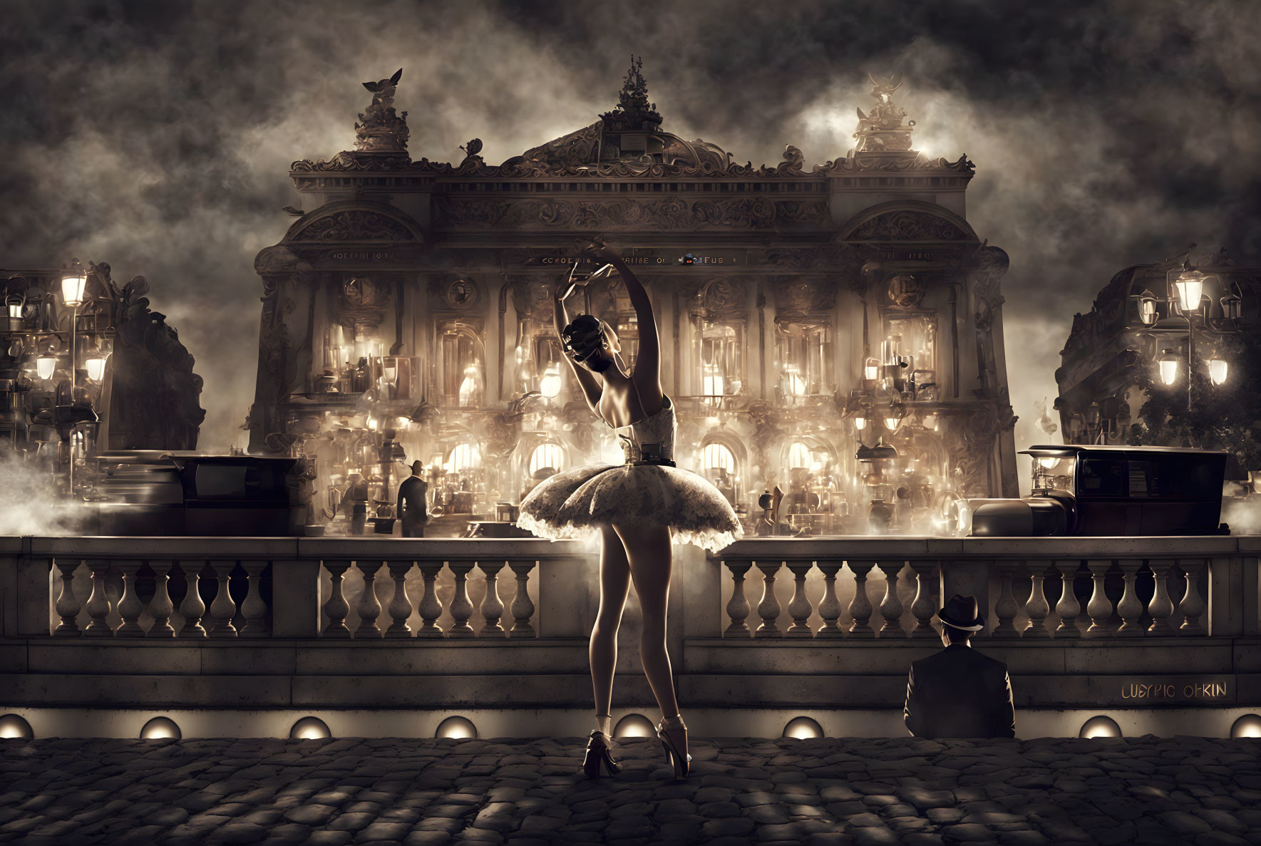 Ballerina on pointe in front of ornate building at dusk