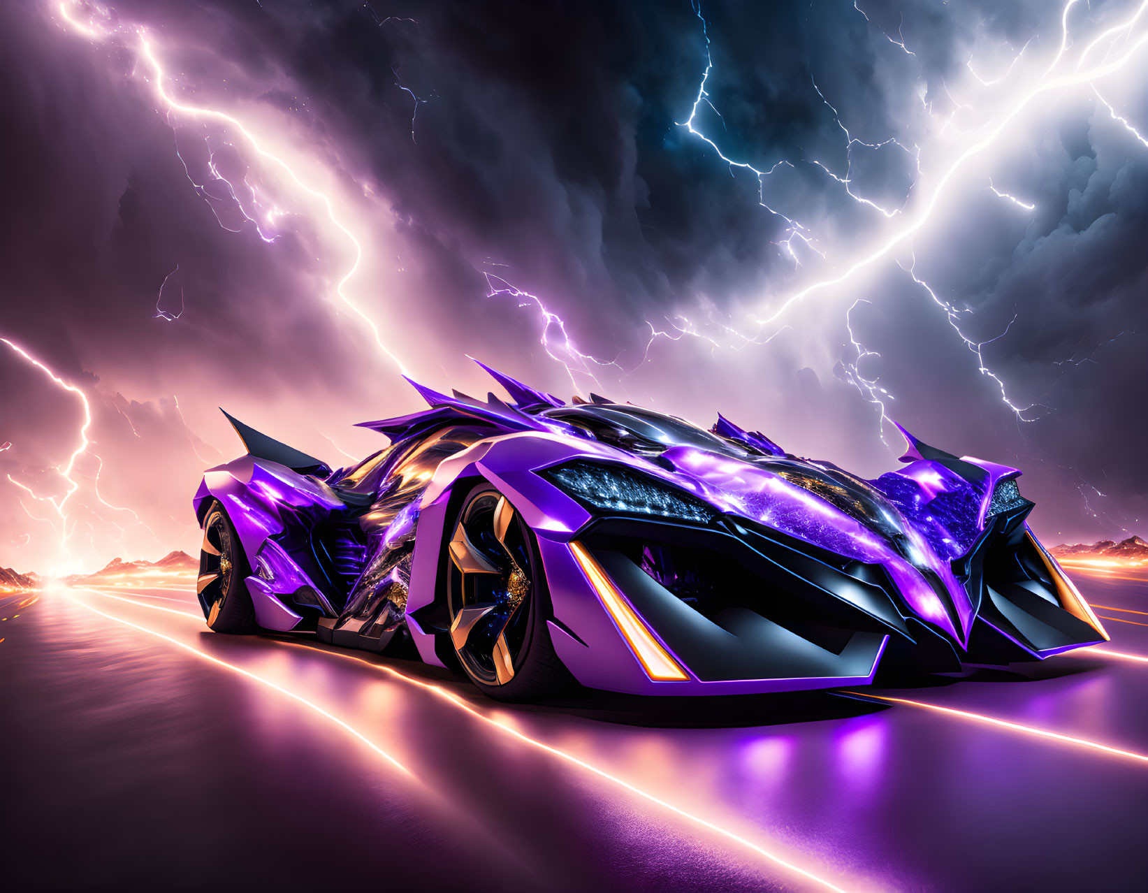 Futuristic purple car with sharp angles and neon highlights under dramatic sky