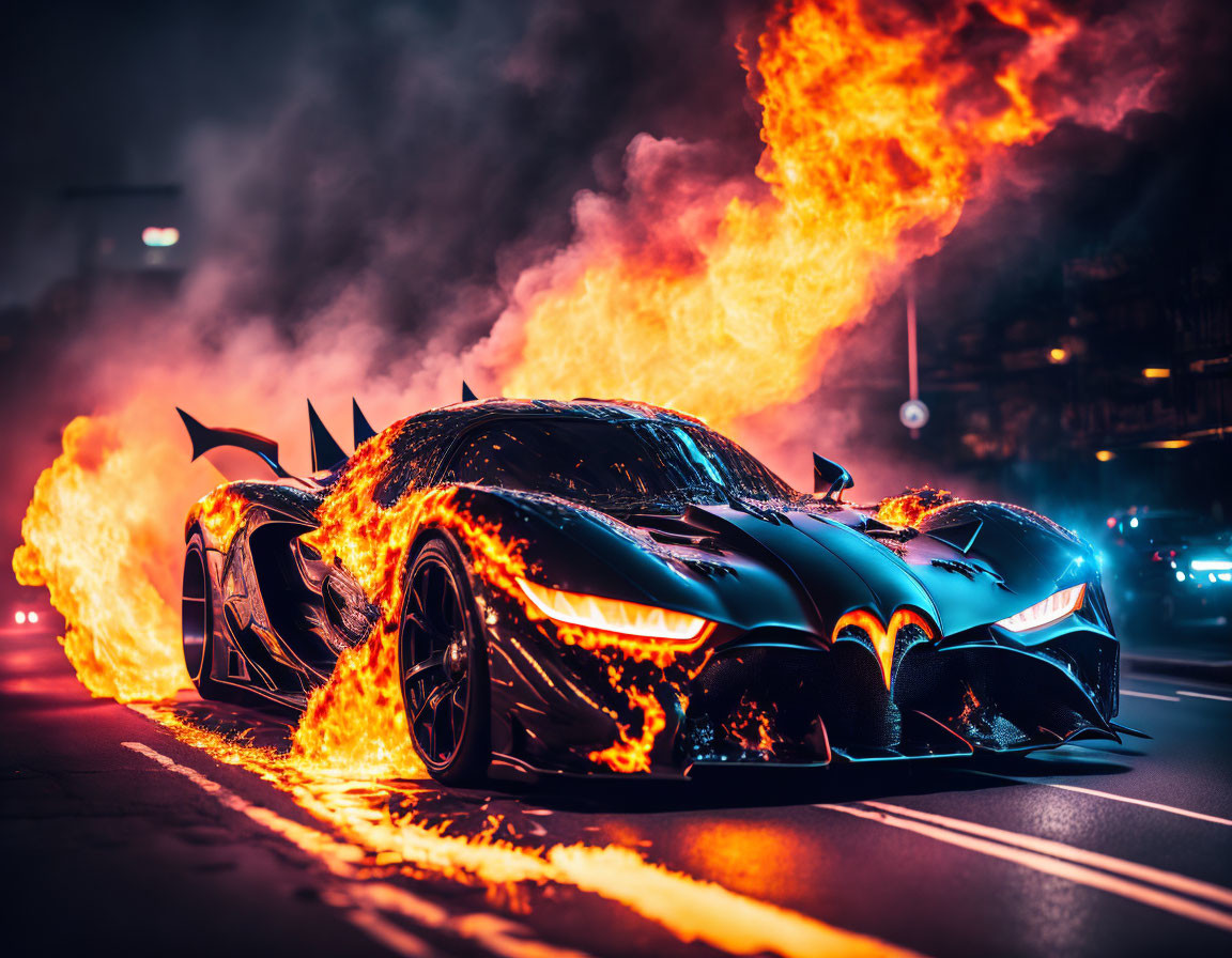 Sleek sports car with dramatic flames on city street at night