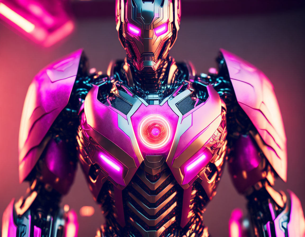 Futuristic robot with glowing chest reactor and purple highlights in dynamic pose