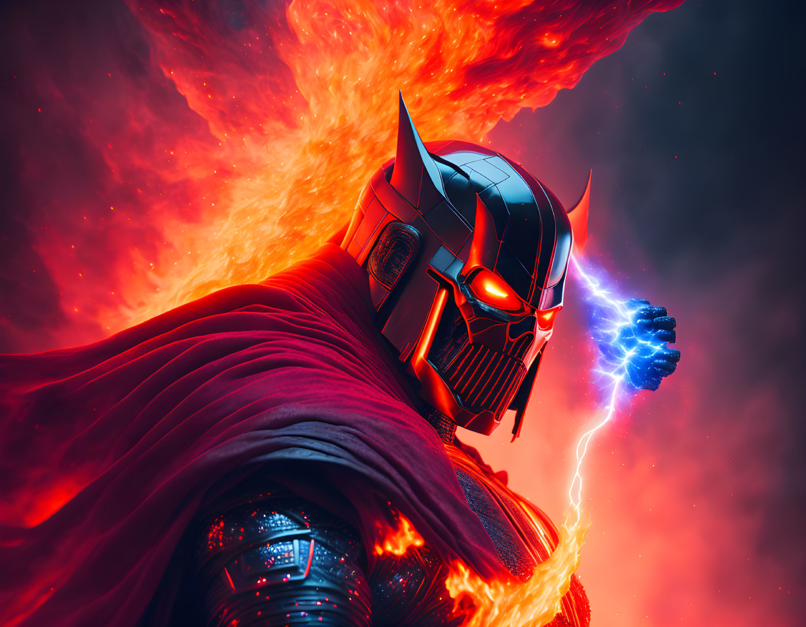 Detailed superhero or villain costume with red and black mask, cape, and glowing blue power.