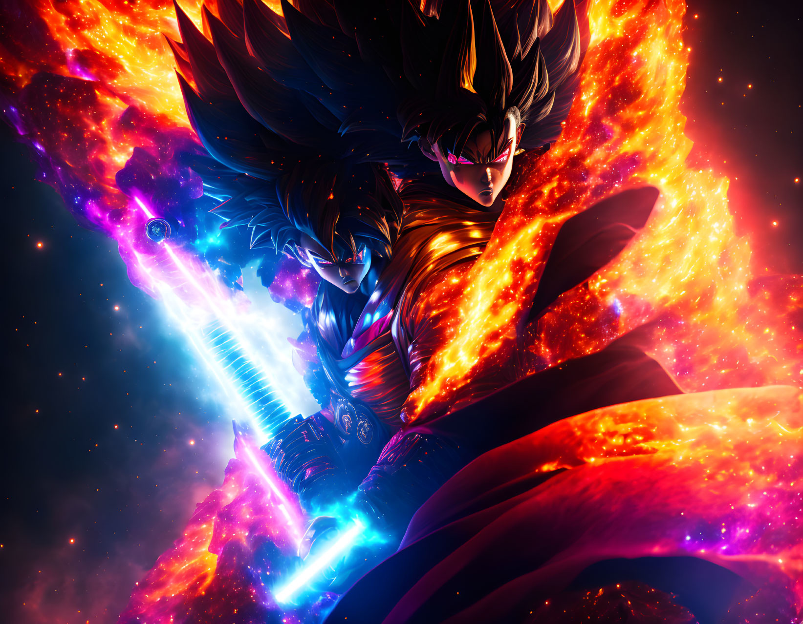 Anime characters in dynamic battle stance with glowing sword amidst flames and cosmic energy