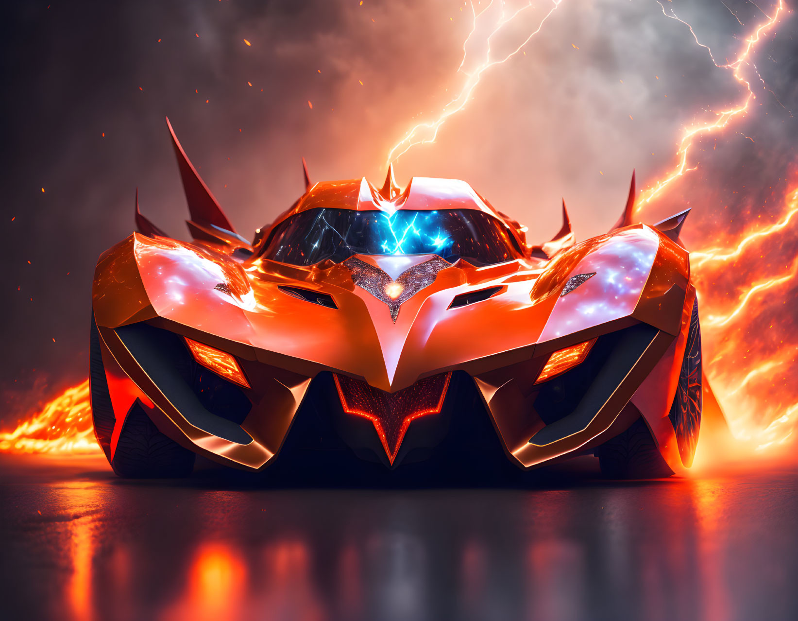 Futuristic Orange Car with Sharp Angles and Glowing Lights