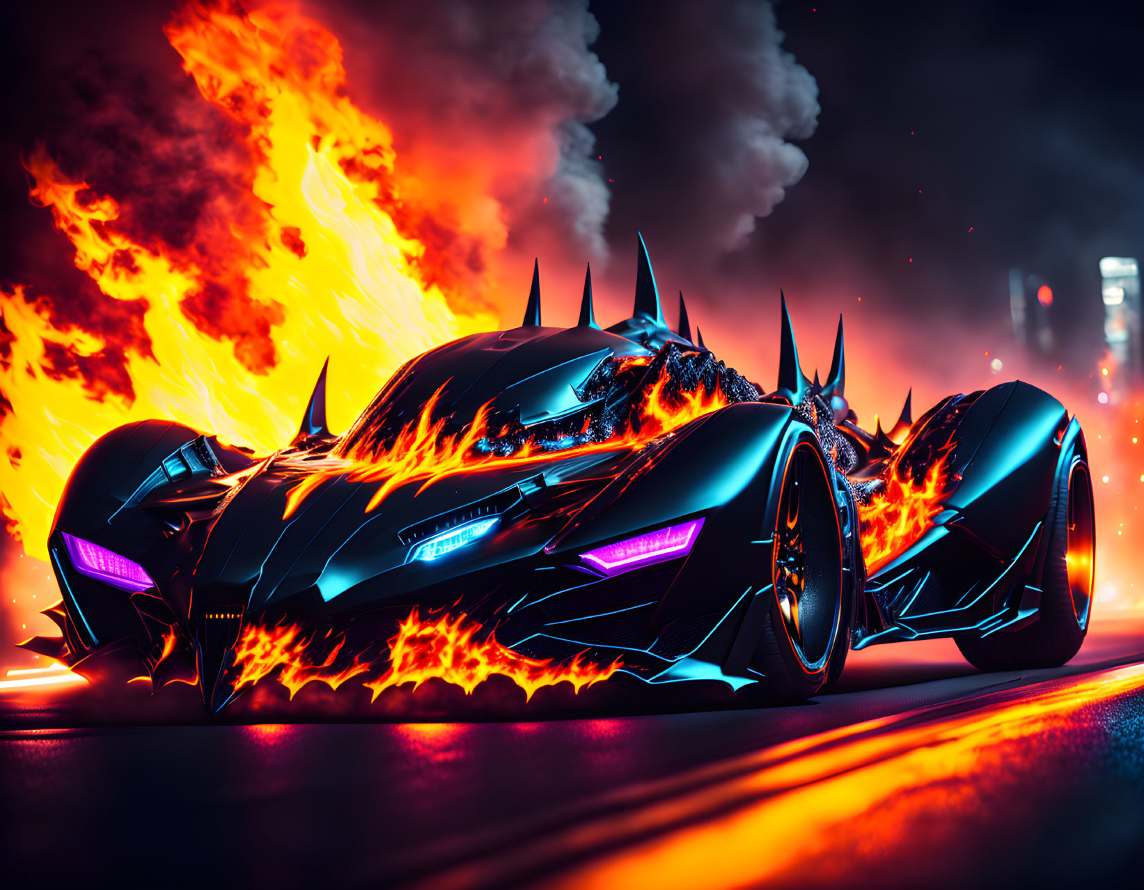 Futuristic black car with neon lights emitting fire on urban street