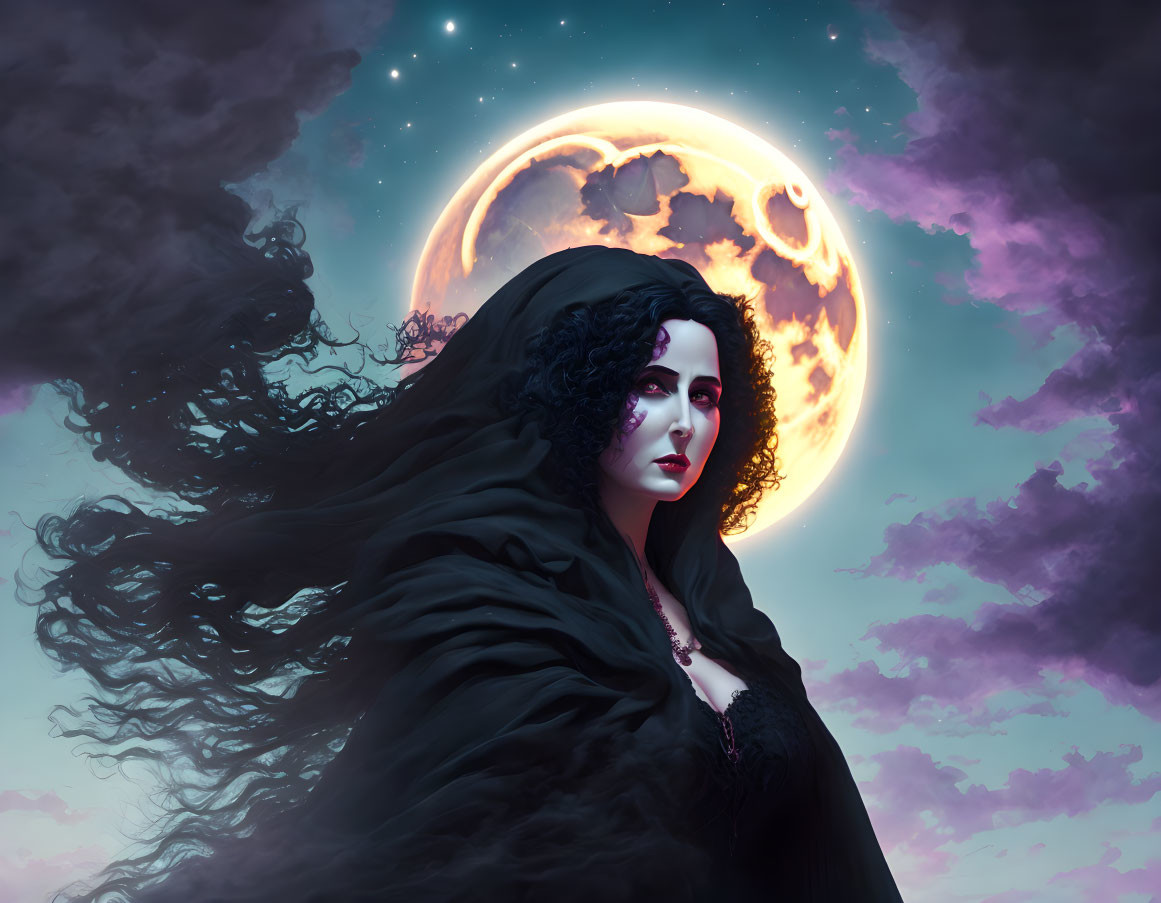 Mysterious woman with dark hair under full moon