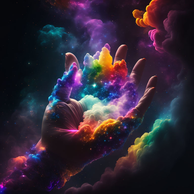 Colorful cosmic nebula hand surrounded by stars