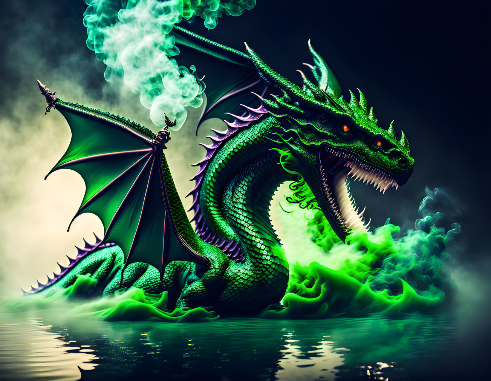 Majestic green dragon emerging from water with glowing eyes and green flames against misty background