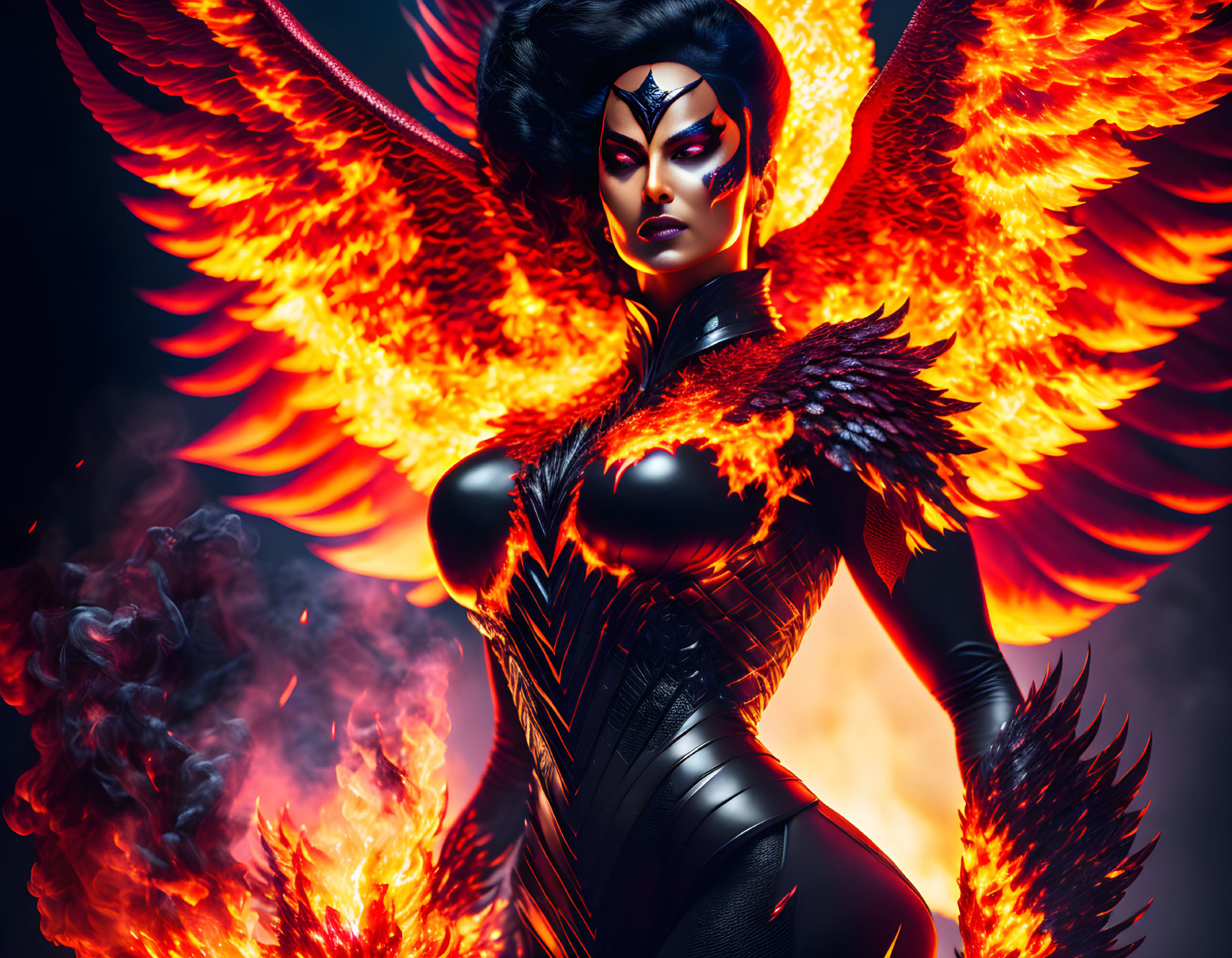 Dark-haired woman with dramatic makeup and fiery wings in striking pose.