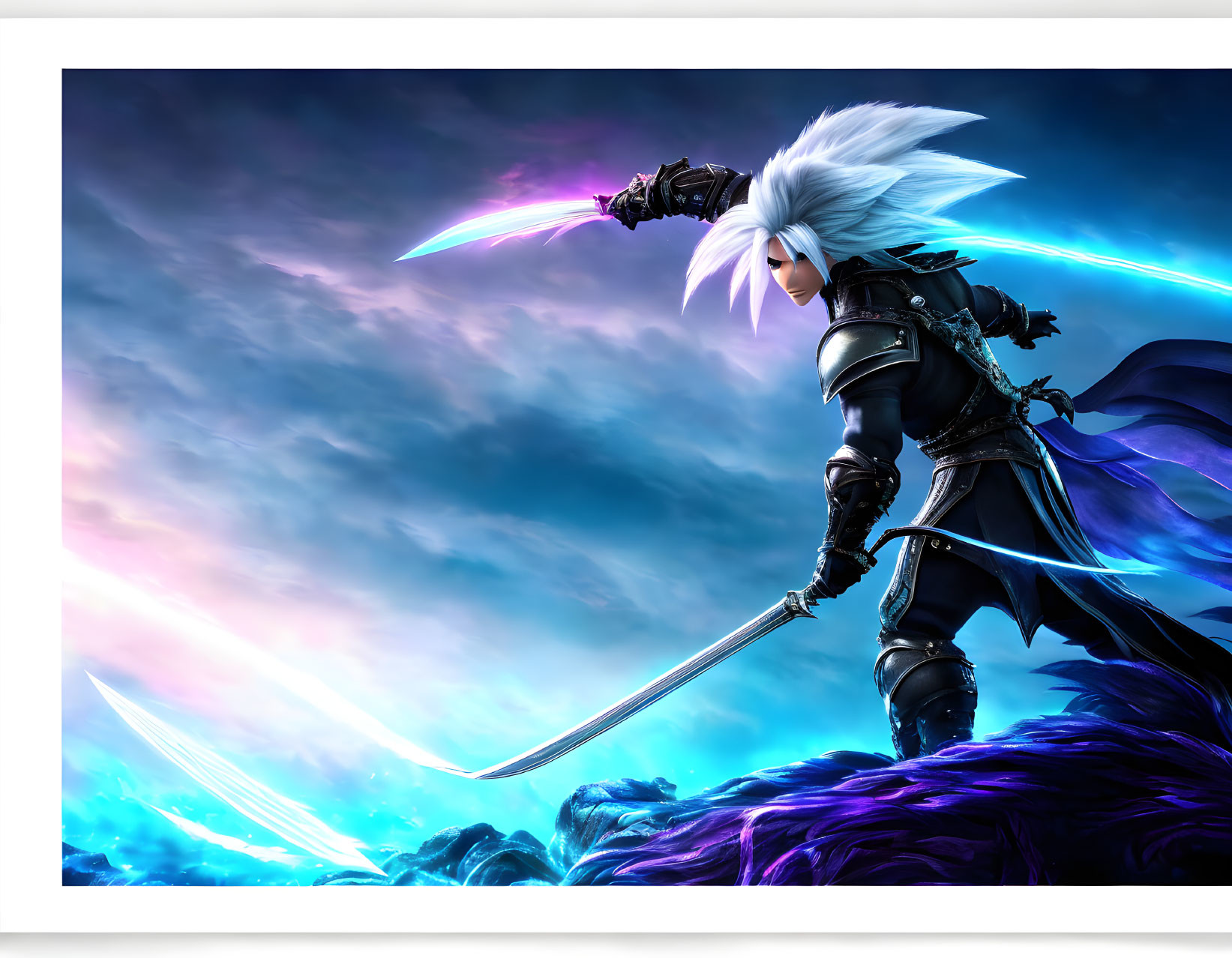 Silver-haired animated character wields blue glowing sword in dark armor against dramatic sky.