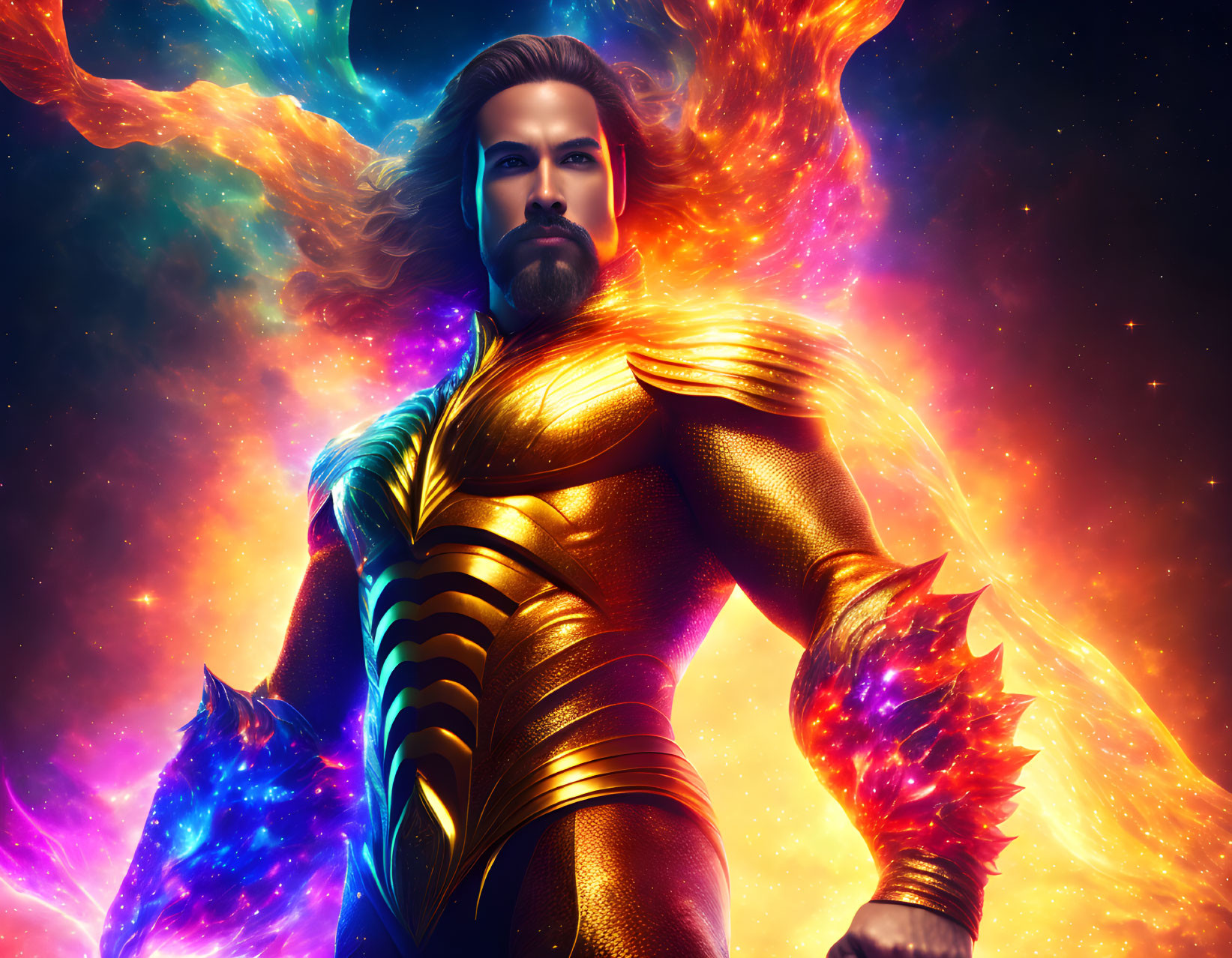 Heroic figure in golden armor against cosmic backdrop