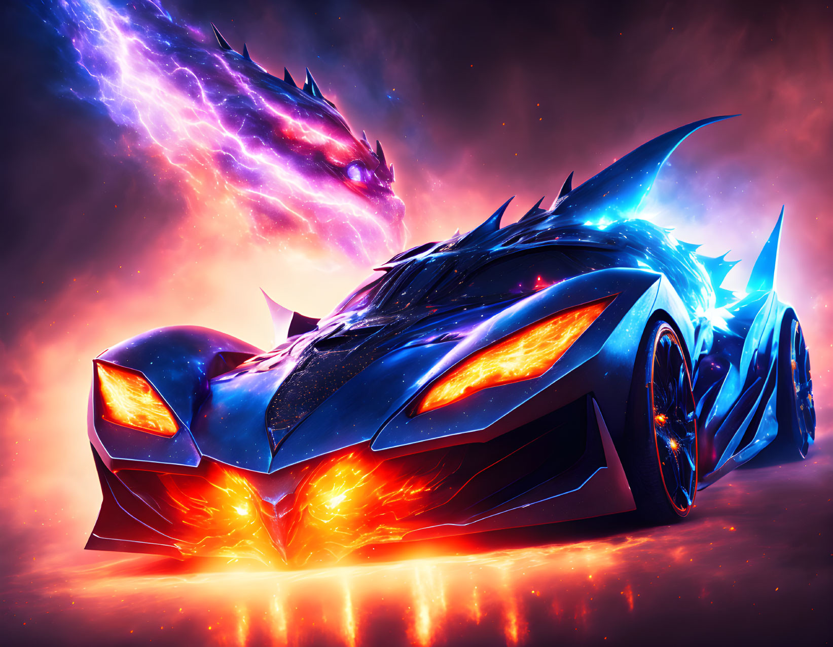 Futuristic blue sports car with glowing orange headlights in cosmic setting