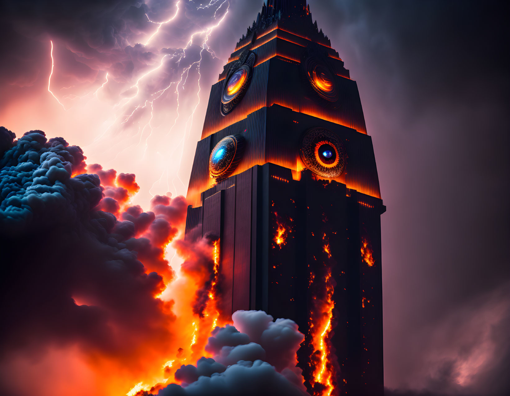 Dark towering structure with lava, three glowing eyes, storm clouds, lightning