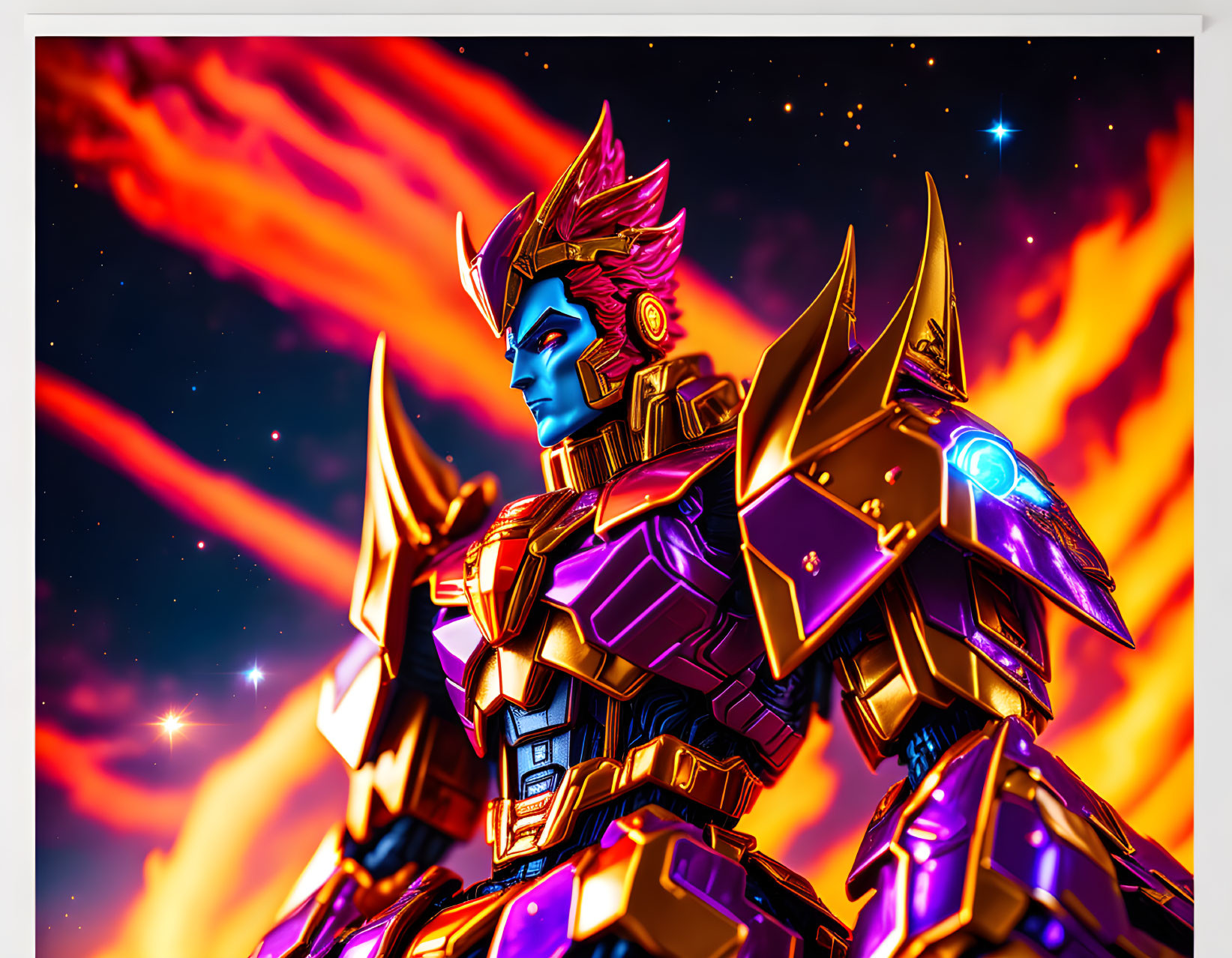 Colorful Armored Robotic Figure in Cosmic Setting