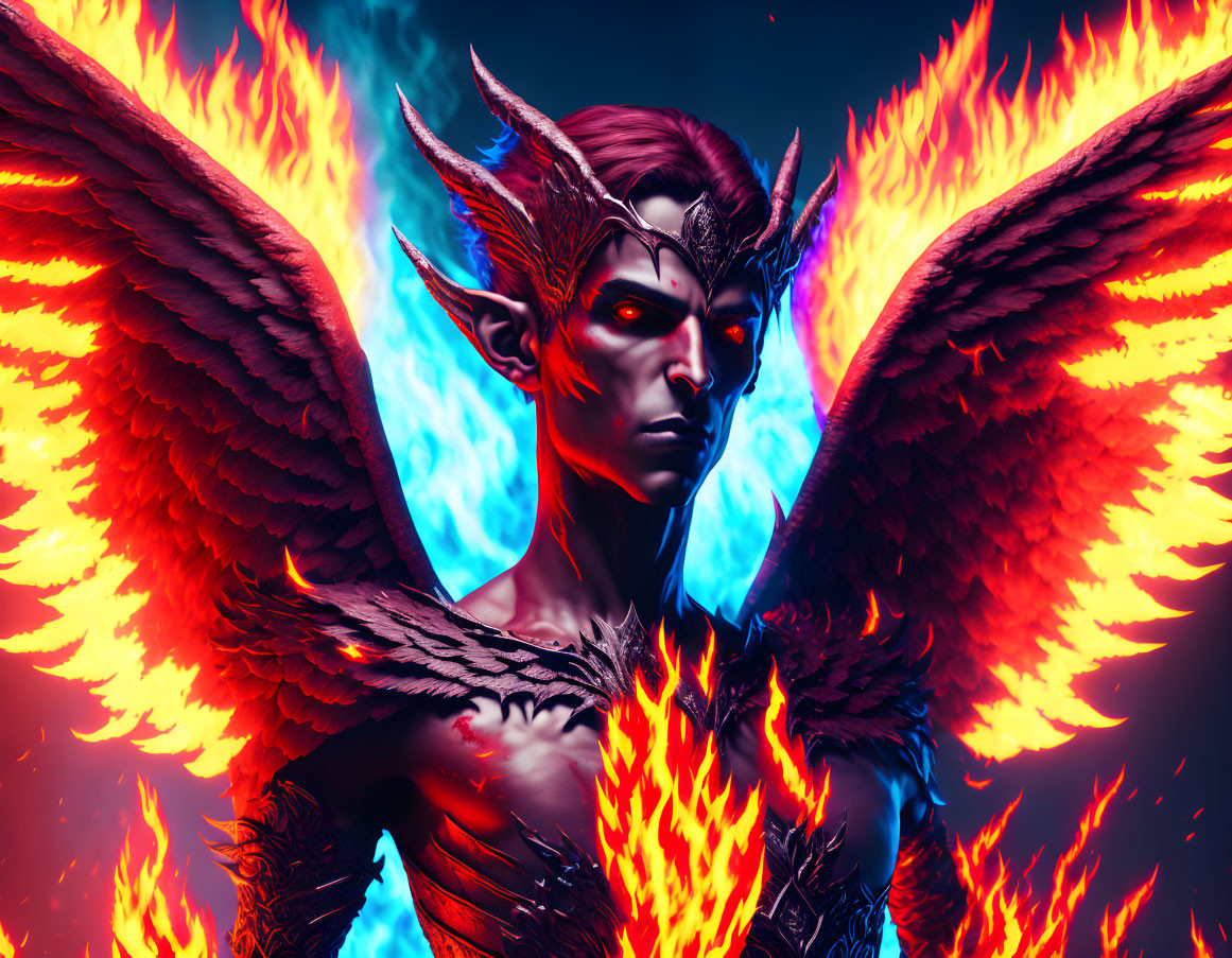 Fiery-winged fantasy creature with blue eyes in dark armor