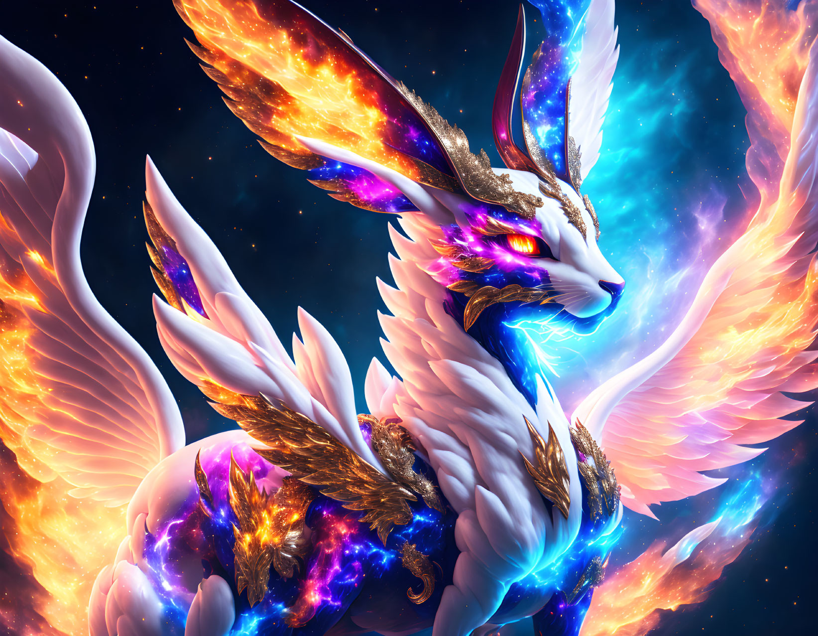 Cosmic-themed dragon with vibrant nebula wings in star-filled space