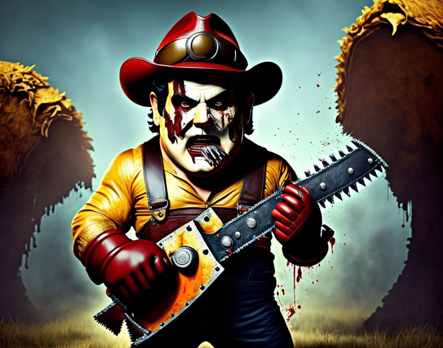 Animated cowboy character with red hat and chainsaw in aggressive stance