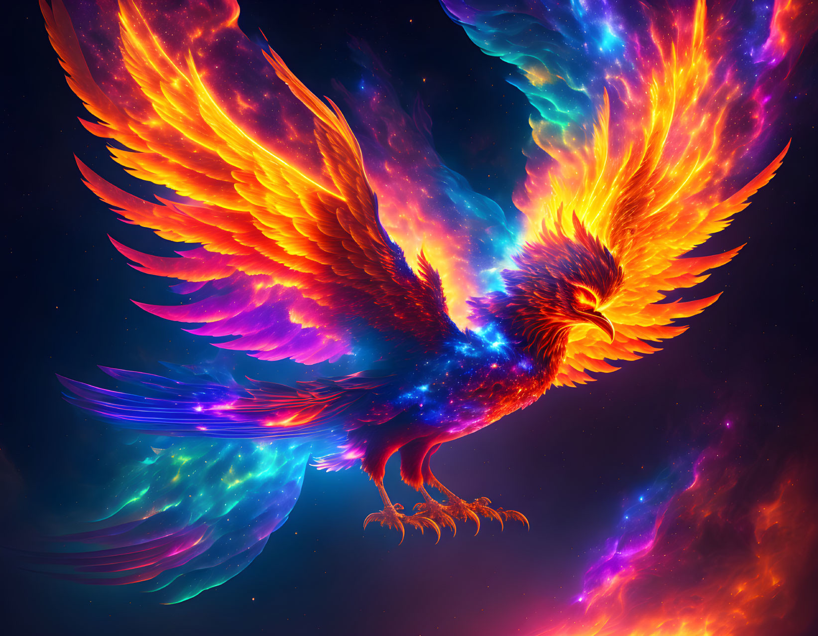 Colorful Phoenix with Multicolored Wings in Cosmic Setting