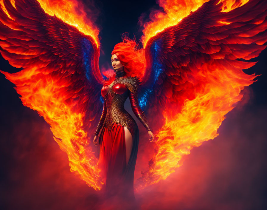 Fiery red angel wings woman in ornate costume against dark background