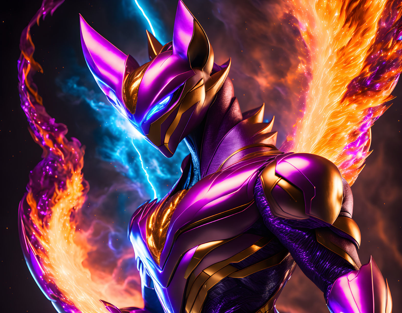 Illustration: Armored character with wolf-like helmet and fiery energy wing