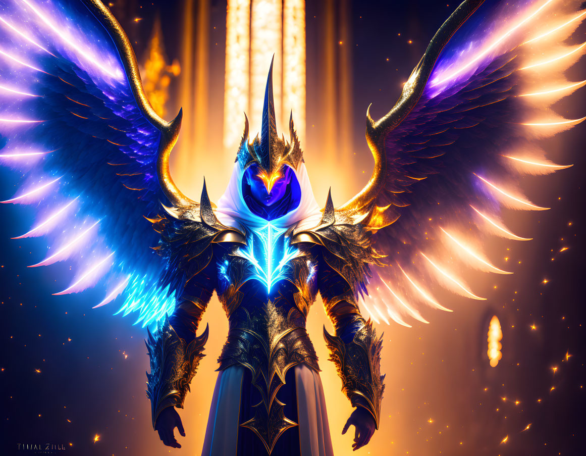 Majestic warrior in glowing blue armor with illuminated wings against fiery backdrop