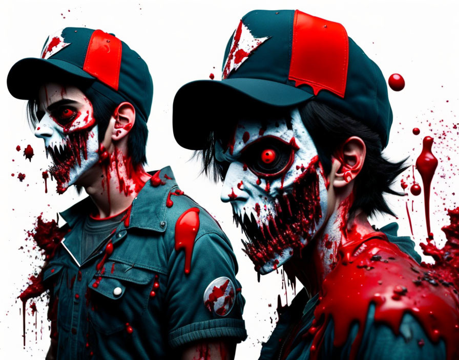 Two people in zombie makeup with blood splatters, red and black baseball caps, on white backdrop