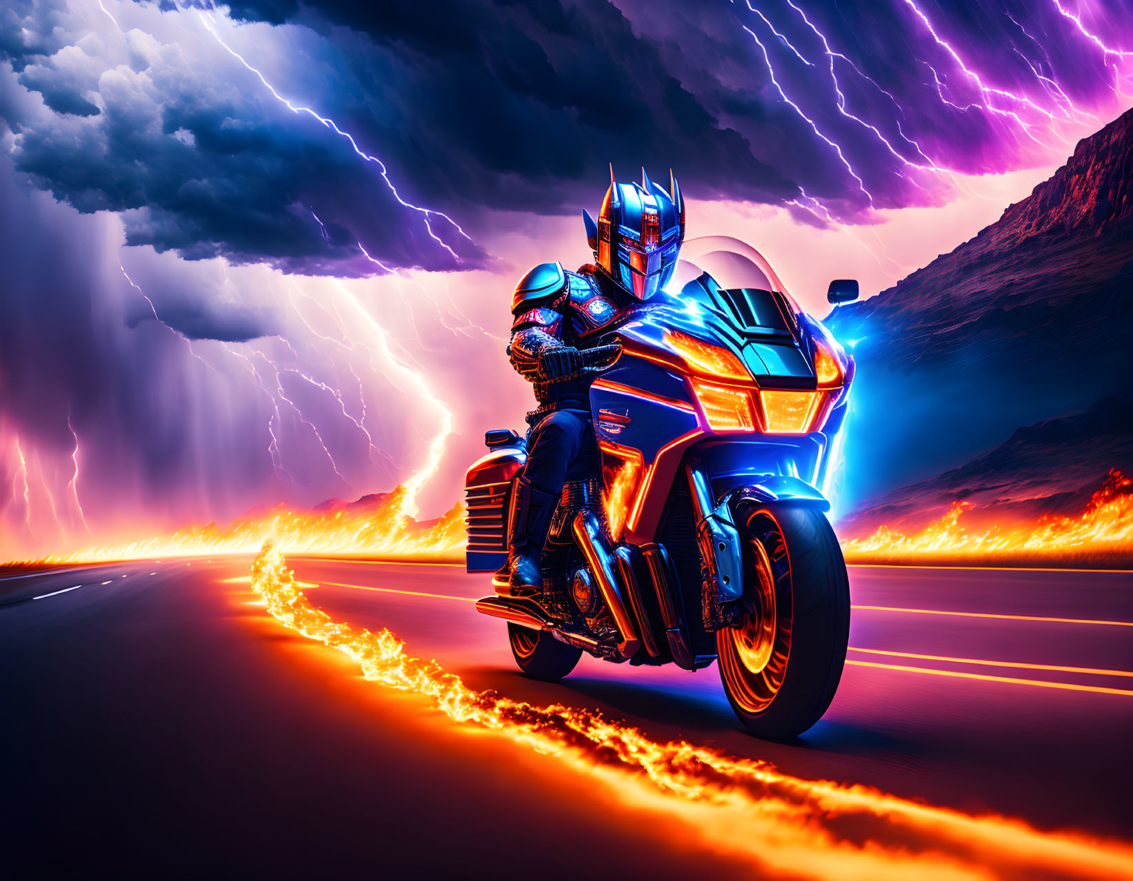 Futuristic armored motorcyclist on glowing bike under stormy sky