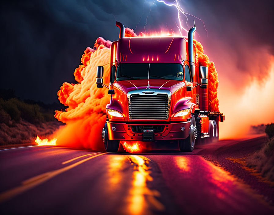 Red semi-truck on road with lightning and flames - dynamic scene