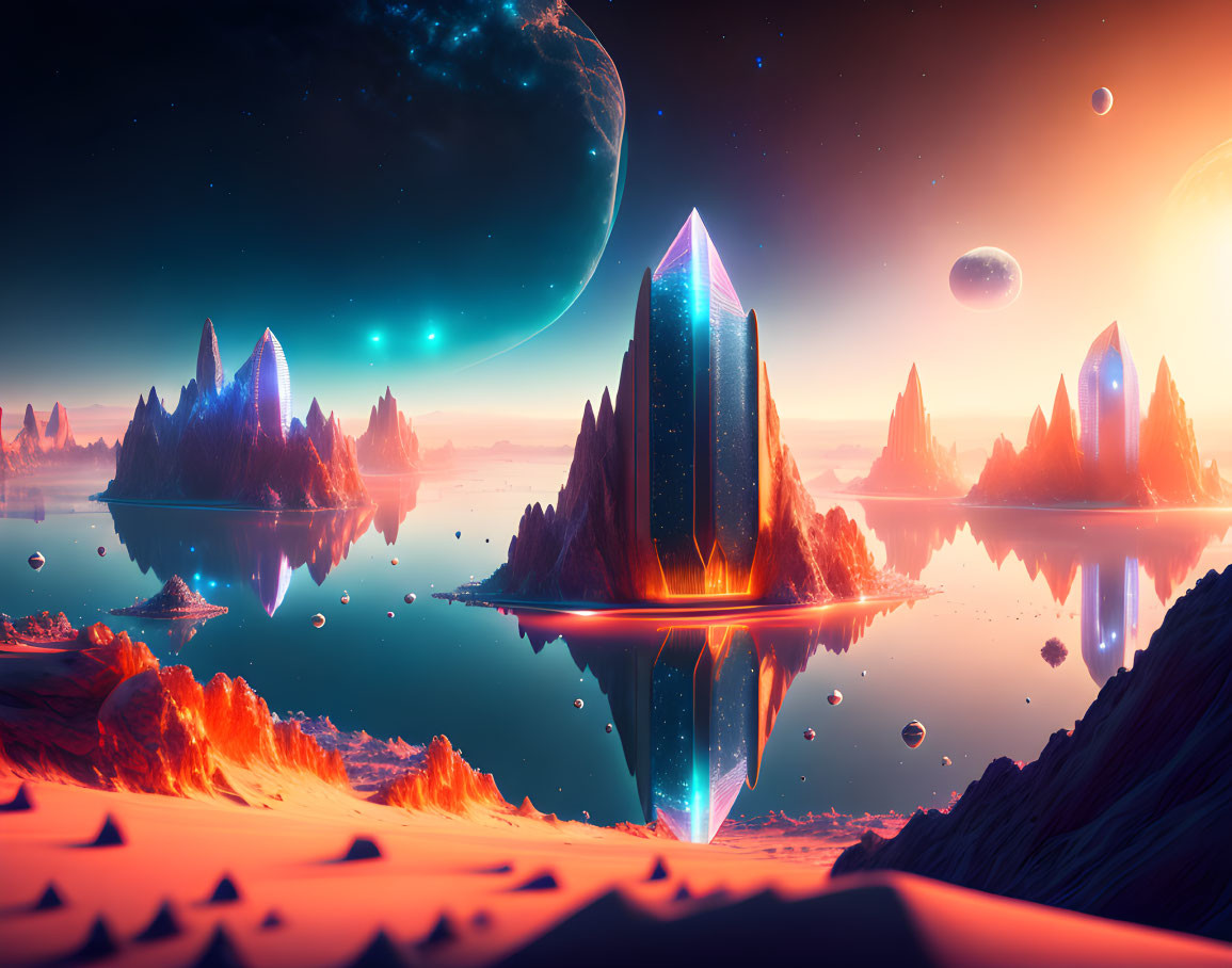 Colorful sci-fi landscape with crystalline structures and multiple planets.