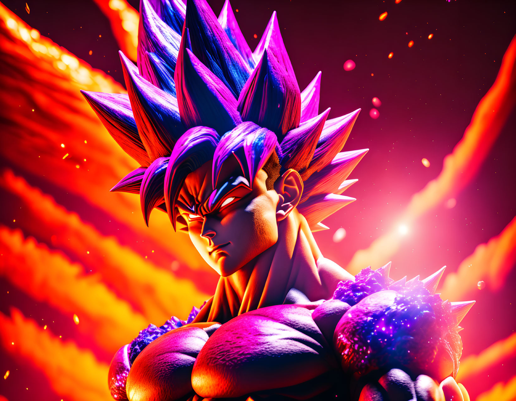 Animated character with spiky purple hair in powerful stance against cosmic backdrop